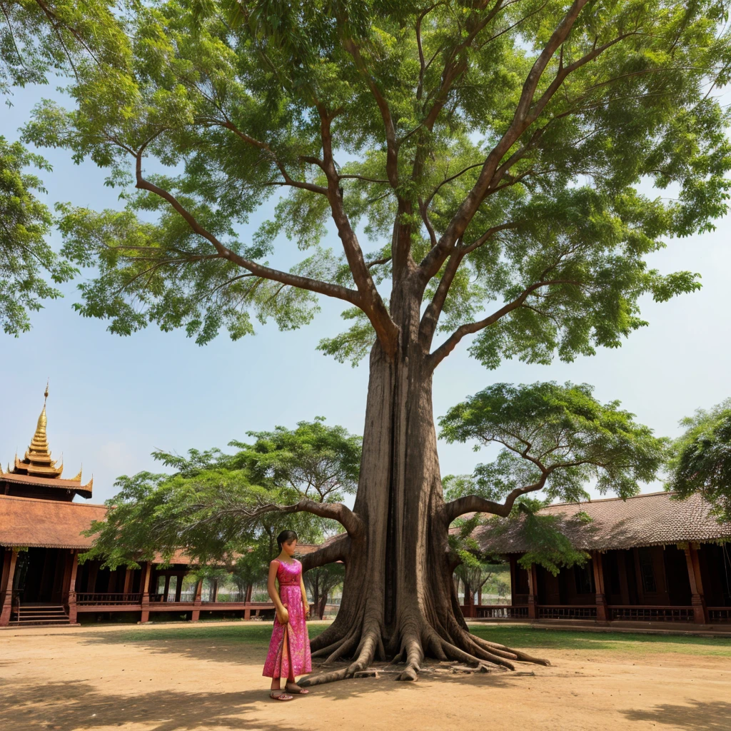 A Big flamboyant tree, Several Myanmar beautiful girl are standing near that tree