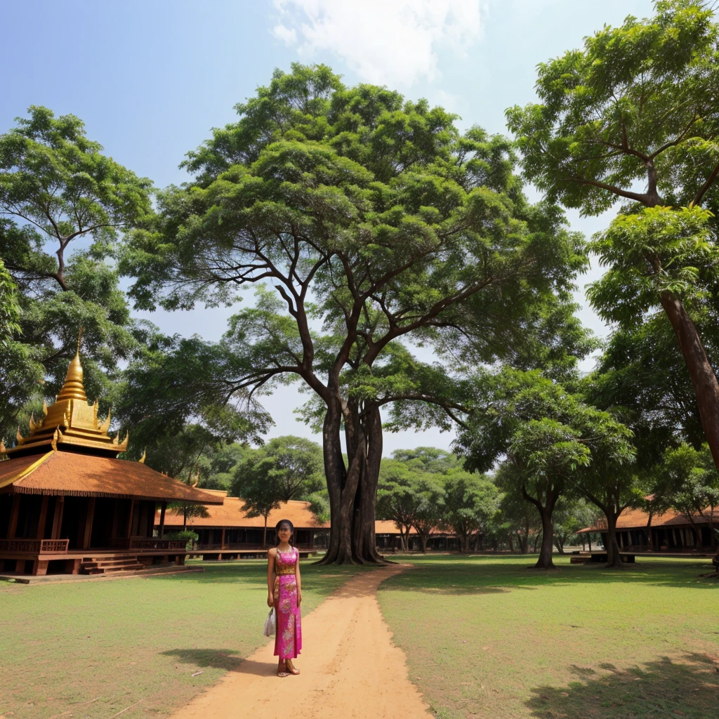 A Big flamboyant tree, Several Myanmar beautiful girl are standing near that tree
