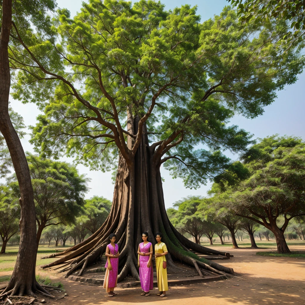 A Big flamboyant tree, Several Myanmar beautiful girl are standing near that tree