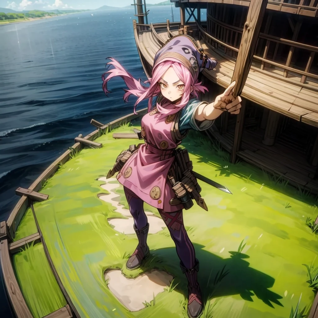 1girl, Full body version, 1character, adult girl version, gold eyes color, long haircut, pink colour hair, Farmer villager style clothing, blue colour clothing, pirate hat, knife in hand, Grassroots, background in big ship, motion blur, (Hunter x Hunter style), standing gesture, high angle view 