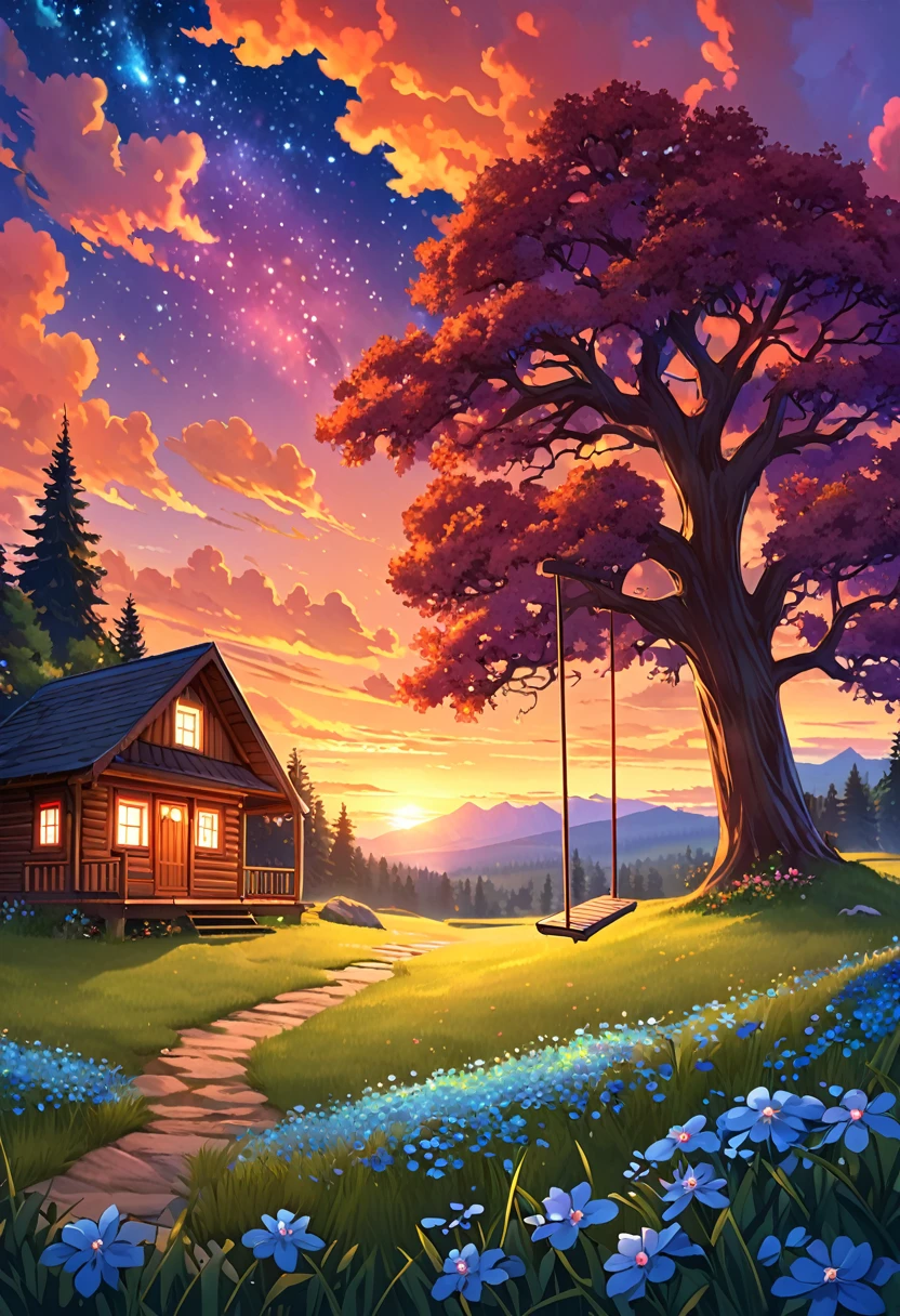 Digital illustration featuring a serene and enchanting landscape at sunset. The layout is vertical, with a large, majestic tree dominating the center of the image. The tree has a swing hanging from one of its branches and is situated next to a small, cozy wooden cabin with warm, glowing lights emanating from its windows. The sky is filled with vibrant, colorful clouds in shades of orange, pink, and purple, with stars beginning to appear as night approaches. A lone figure stands near the cabin, gazing at the sky, adding a sense of wonder and tranquility to the scene. The ground is covered in lush green grass and small blue flowers, enhancing the idyllic atmosphere. Red cloud stars cloud