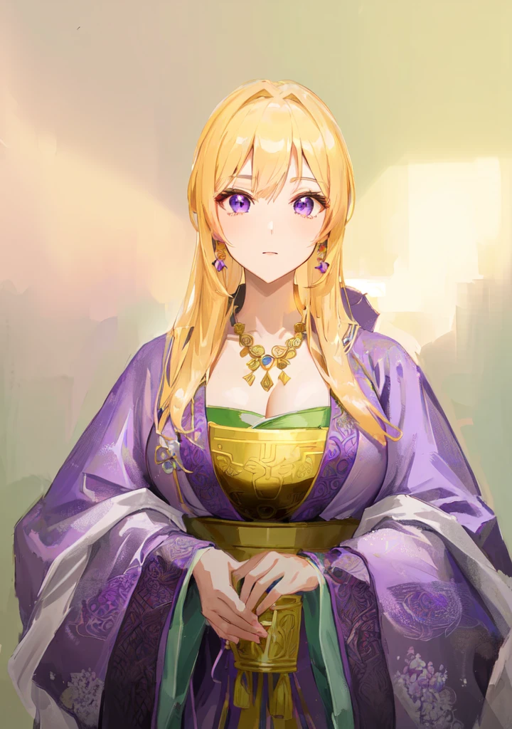 Wearing a purple robe、Cartoon image of a woman holding a bowl, ((Beautiful fantasy queen)), Produced in collaboration with Anime Painter Studio, Anime Goddess, Portrait of the Knights of the Zodiac, elfic priestess, ((Wearing noble robes)), Anime style like fate/overnight, Beautiful fantasy queen, In the anime painter studio，Three Kingdoms，Three Kingdoms志，Chinese style，antiquity，Hanfu，，Huge Breasts，Good shape，Royal sister，Purple Eyes，Celluloid