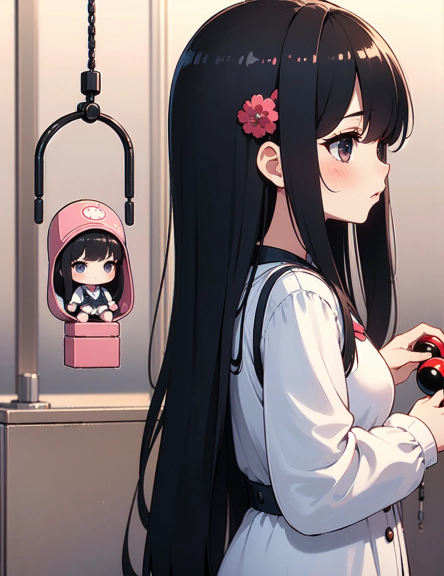 (((masterpiece))), (((best quality))), ((Doll catching machine)), Hand on the bottom panel, Control the long joystick and press the button, Use the clamp to pull the toy up, 1 Girl, Shoko Komi, Shy, blush, , Doll catching machine, Rear view,