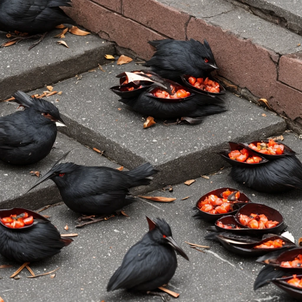 evil black squierrels that are seen eating bloody fresh in an alley wall of a dark city. A horror scene. 