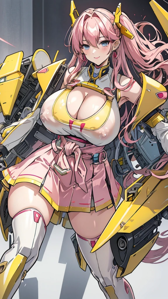 Yellow translucent mecha，Arm mecha，long pink hair，Wavy hair style，Huge Breasts，cleavage，Pistol hanging from waist，fighter pilot，fighter hangar，Sexy，Lipstick，Gray eyes，stockings，Short skirt，Smile，Red glasses，earrings，lipstick，Nipple showing，Mature and stable，Plump body