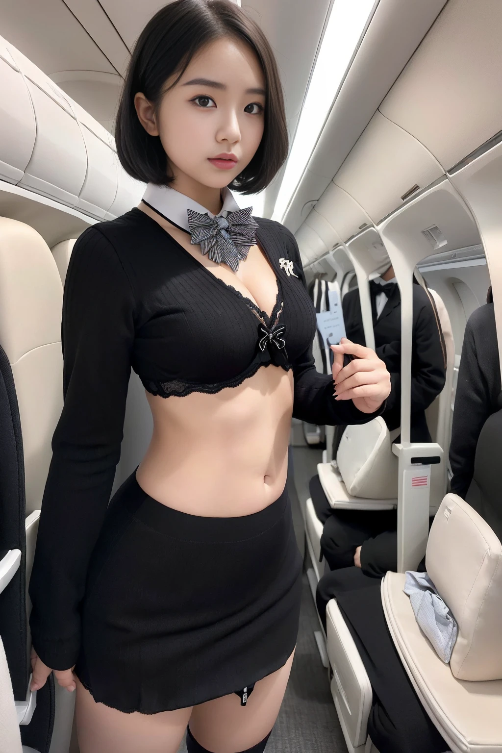 (8x_NMKD-Superscale_150000_G), (best quality), (high resolution), (masterpiece), (standing in airplane aisle), (((flight attendant))), ((short, black hair)), ((cute , baby face))), ((24 years old, 1 beautiful girl)), ((bow tie)), ((Bow tie, black jackets, open front, sexy bra showing, navel out, sexy panties, black long socks)), Japanese