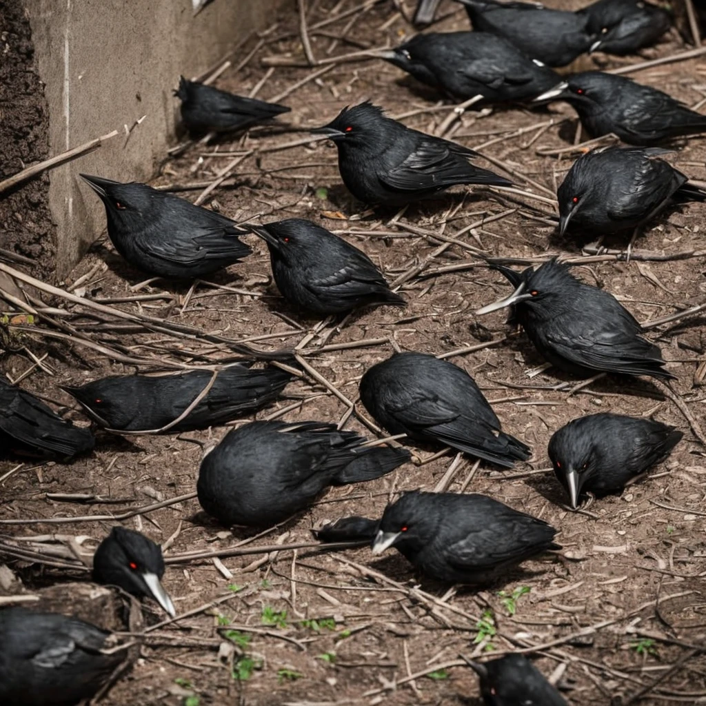 evil black squierrels that are seen eating bloody fresh in an alley wall of a dark city. A horror scene.