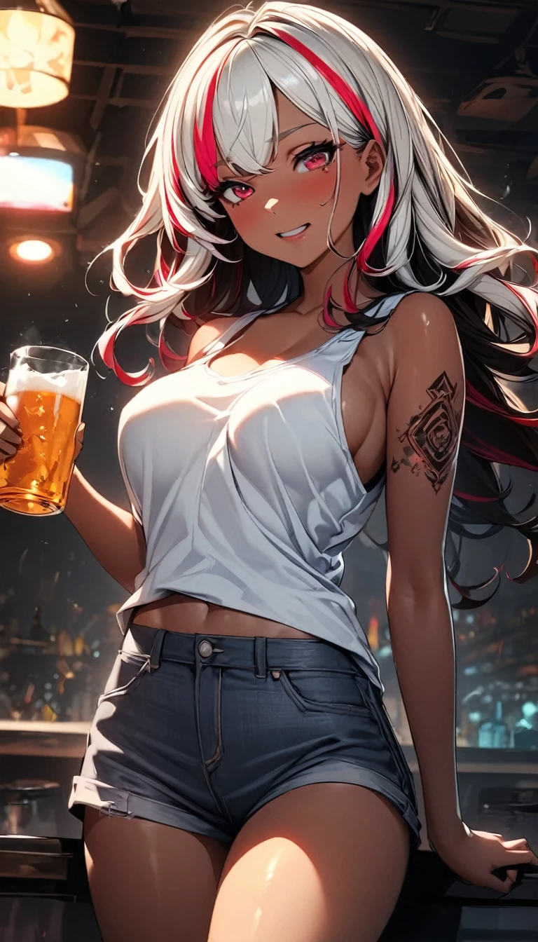 (highest quality:1.2, Very detailed, up to date, Vibrant, Ultra-high resolution, High Contrast, masterpiece:1.2, highest quality, Best aesthetics), Portraiture、girl、singer、Bright colors、Beautiful fine details、Beautiful lip detail、midium wave hair、red and white ((streaked hair:1.6)), highlights hair: 1.5, red eyes, slim body, middium breast, (tan skin:1.1), drink beer, ((drunk:1), Bar, ((tank top:1))、loose fit old jeans, (Floral Fineline tattoo design on left arm:1), Resolute expression、Avid Fan、Rock star aura, (cowboy shot:1)