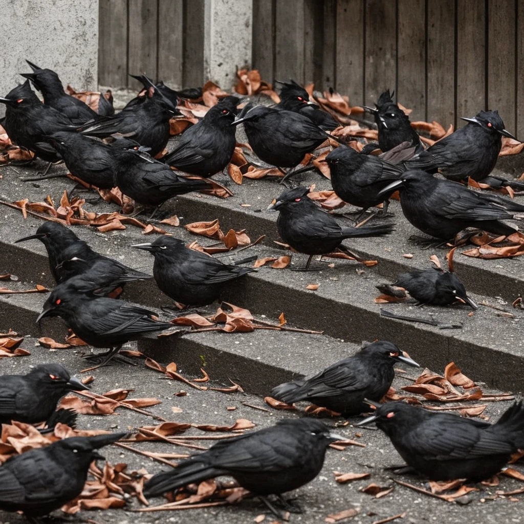 evil black squierrels that are seen eating bloody fresh in an alley wall of a dark city. A horror scene.