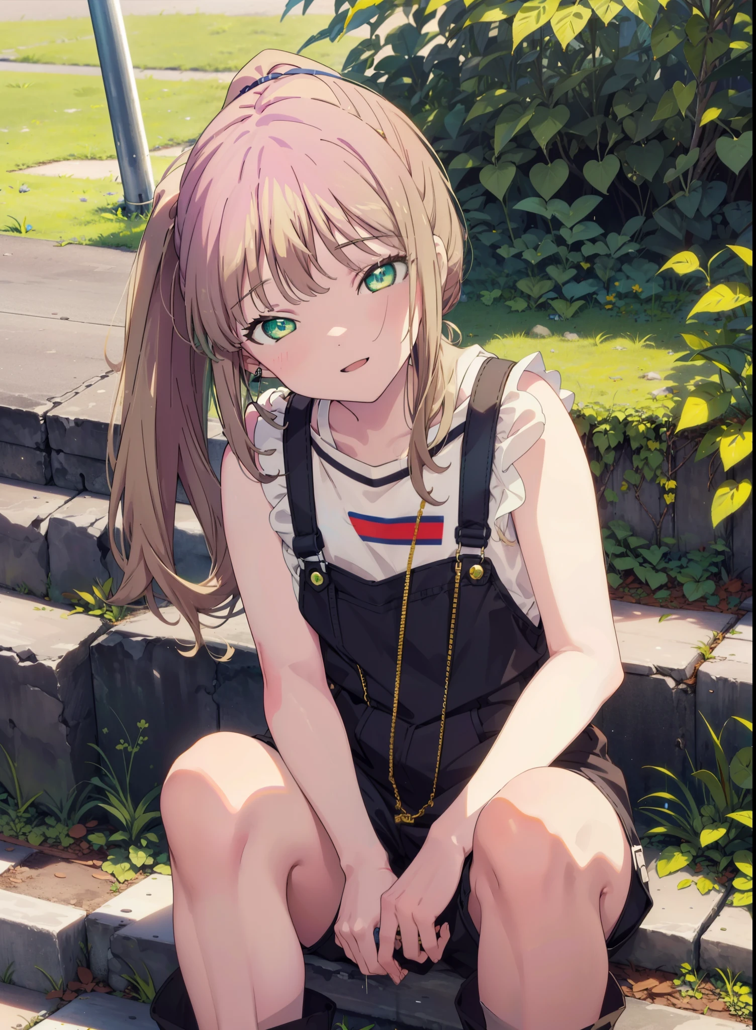 minami yume ,sss Dynazenon ,Long Hair, Brown Hair, (Green Eyes:1.5) ,Center of chest,hair band,ponytail,happy smile, smile, Open your mouth, Blue Tank Top,Shorts,short boots,whole bodyがイラストに入るように,Daytime,Clear skies,Sitting on the steps in the park,
break looking at viewer, whole body,(Cowboy Shot:1. 5),
break outdoors, Residential Street,
break (masterpiece:1.2), Highest quality, High resolution, unity 8k wallpaper, (shape:0.8), (Beautiful and beautiful eyes:1.6), Highly detailed face, Perfect lighting, Highly detailed CG, (Perfect hands, Perfect Anatomy),