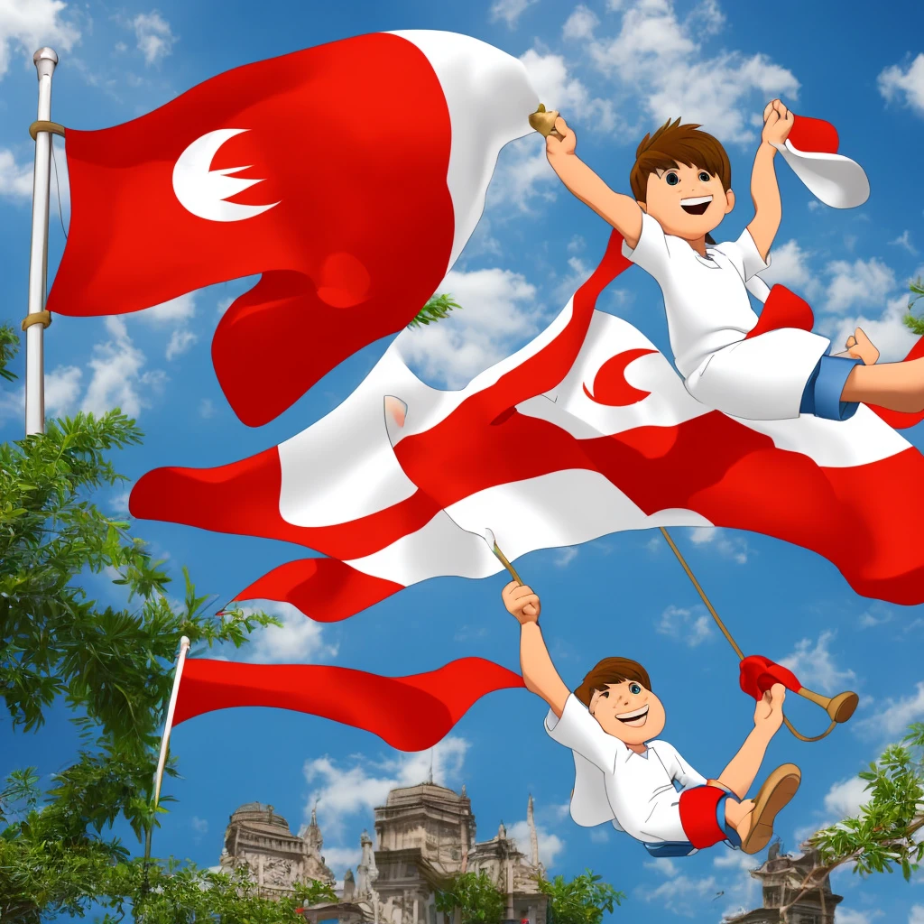 1boy, cartoon style,  white, flying the Indonesian flag