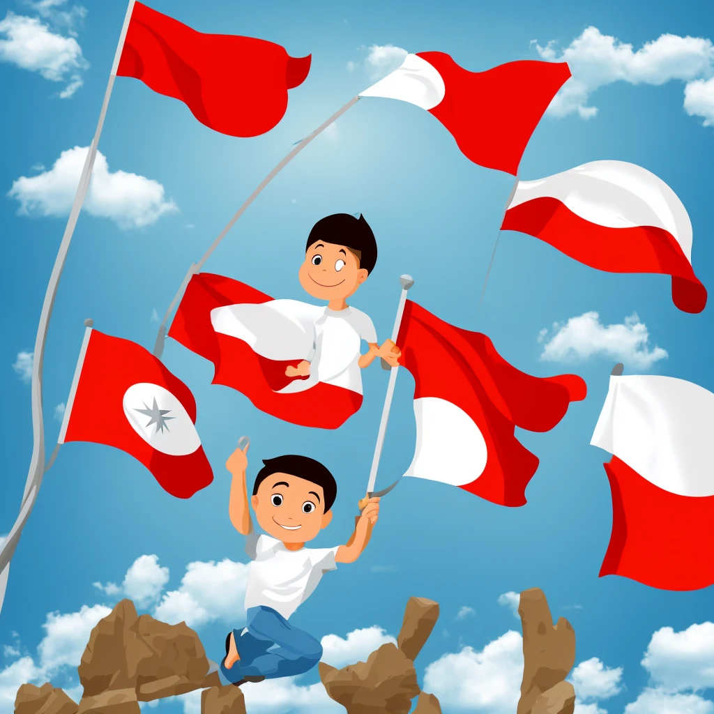 1boy, cartoon style,  white, flying the Indonesian flag