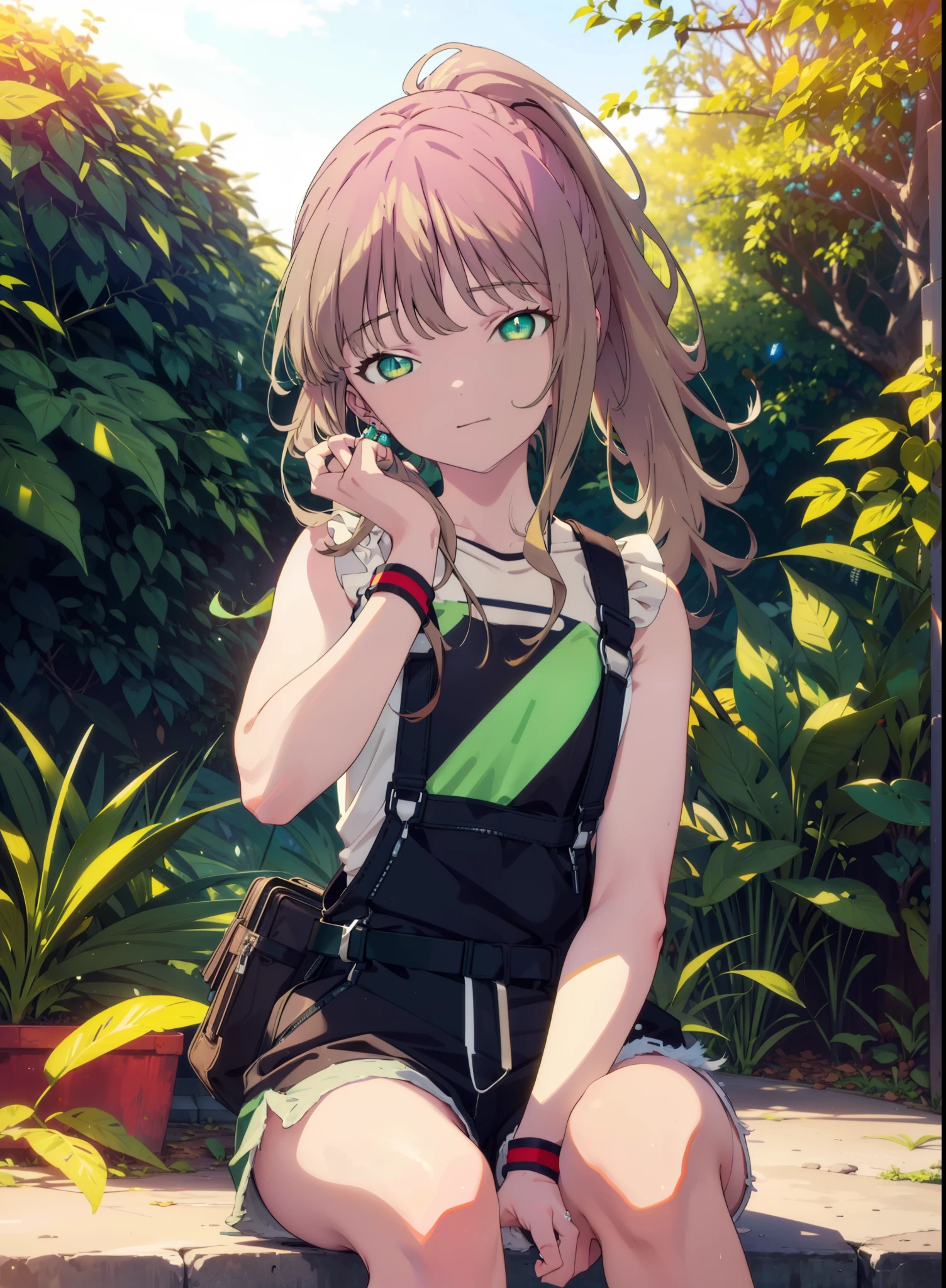 minami yume ,sss Dynazenon ,Long Hair, Brown Hair, (Green Eyes:1.5) ,Center of chest,hair band,ponytail,happy smile, smile, Open your mouth, Blue Tank Top,Overalls,Shorts,short boots,whole bodyがイラストに入るように,Daytime,Clear skies,Sitting on the steps in the park,
break looking at viewer, whole body,(Cowboy Shot:1. 5),
break outdoors, Residential Street,
break (masterpiece:1.2), Highest quality, High resolution, unity 8k wallpaper, (shape:0.8), (Beautiful and beautiful eyes:1.6), Highly detailed face, Perfect lighting, Highly detailed CG, (Perfect hands, Perfect Anatomy),