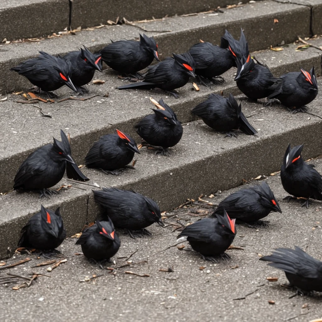 evil black squierrels that are seen eating bloody fresh in an alley wall of a dark city. A horror scene.