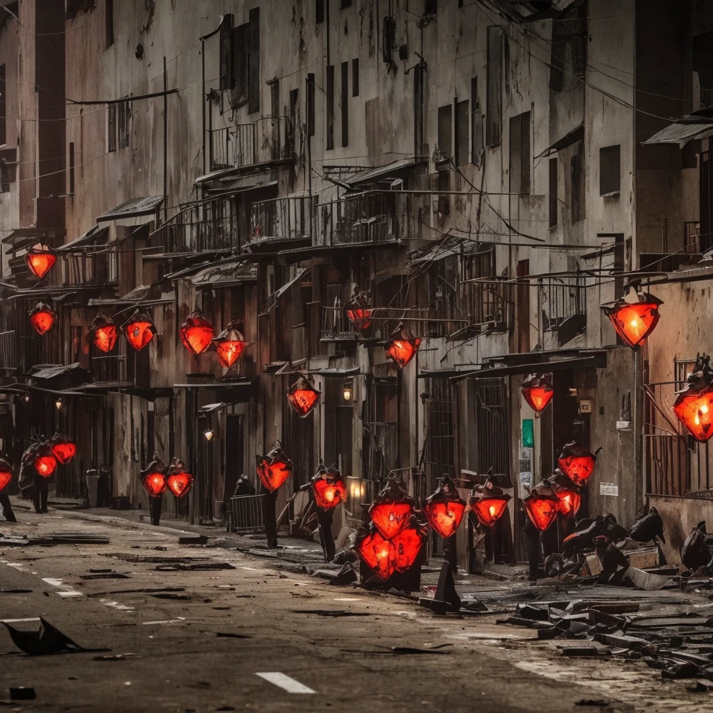 evil black squierrels that are seen eating bloody fresh in an alley wall of a dark city. A horror scene.