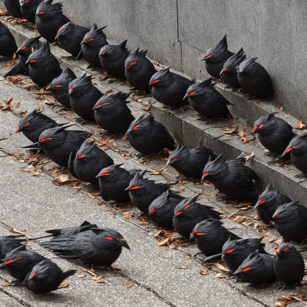 evil black squierrels that are seen eating bloody fresh in an alley wall of a dark city. A horror scene. 