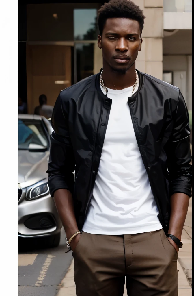 Create a realistic depiction of a 25 year old tall, handsome African bad boy dressed in modern-day clothes. He should be standing beside a Mercedes."