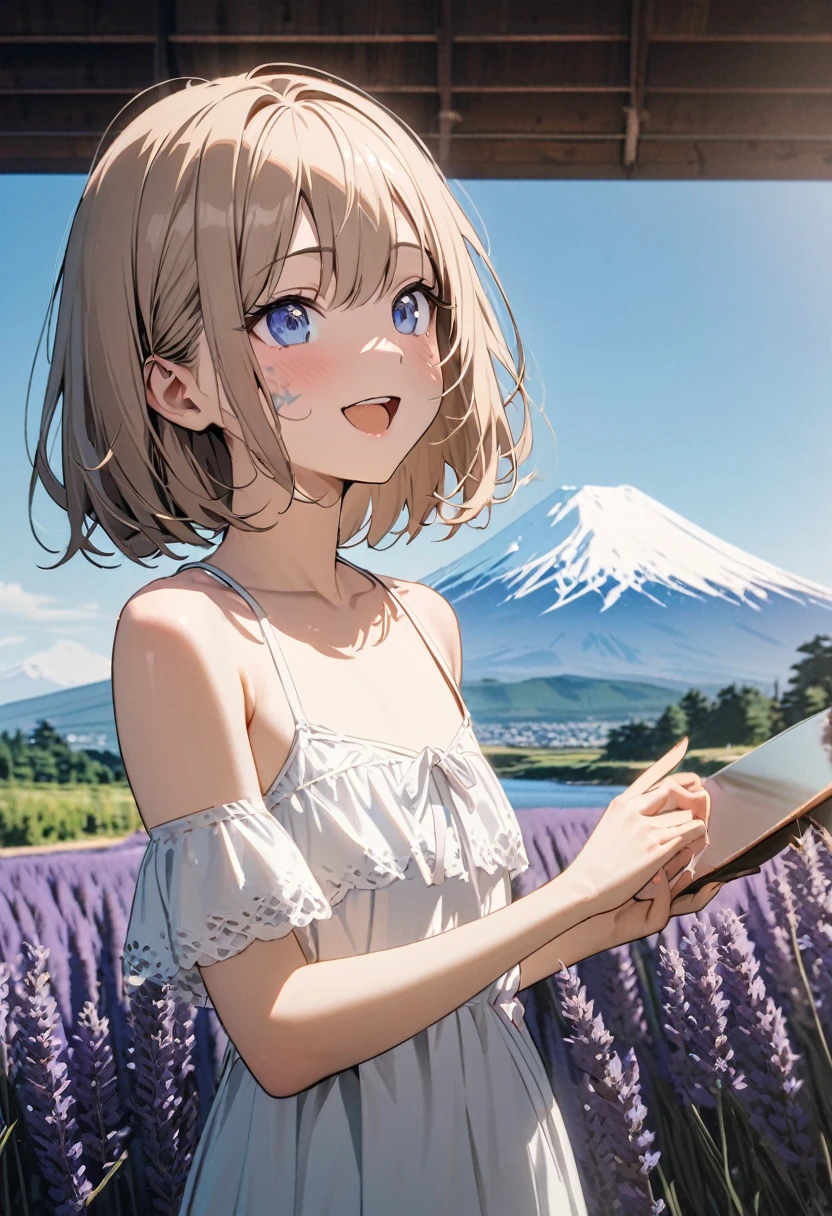 1 girl, 18yo, (flat chest: 1.5), blue eyes, light brown hair, bob cut, summer outfit, smile, open mouth, Lavender fields, big Lake, Mt. Fuji, upper body, bule sky, 8k, RAW photo, best quality, masterpiece, extremely detailed 8k wallpaper, ultra-detailed, best shadow, detailed background, beautiful detailed face, beautiful detailed eyes, nice hands, perfect hands
