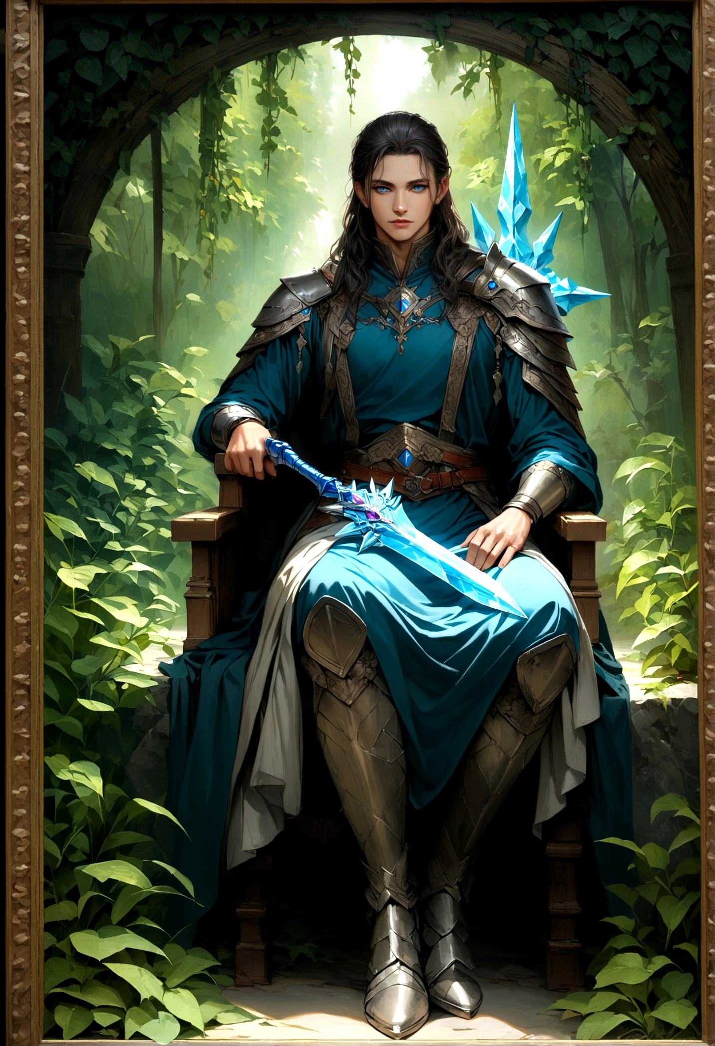 A warrior holding his queen in his lap, full body 8k picture, greenery backgrounds looking realistic, blue eyes with a crystal sword
