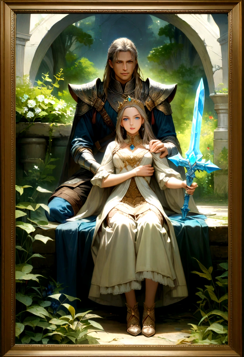 A warrior holding his queen in his lap, full body 8k picture, greenery backgrounds looking realistic, blue eyes with a crystal sword