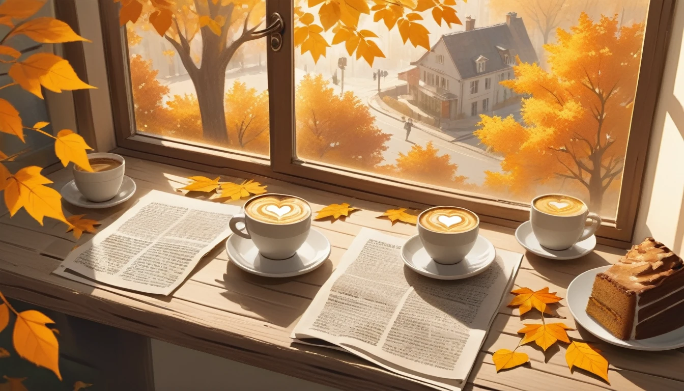 Make a picture of a cozy autumn morning scene featuring one cup of coffee with heart-shaped latte art on it, placed on a opened wooden windowsill. beside the cup, there was a piece of cake with triangle slice layered with white cream on the small plate, and surrounded by bright yellow and orange leaves falling from the nearby trees, which are visible through the window. Warm sunlight filters through the leaves, casting dappled shadows all around, enhancing the warmth of the scene. Beside it, there is an open newspaper with visible, but unreadable writing, adding to the relaxed atmosphere of a quiet morning indoors.