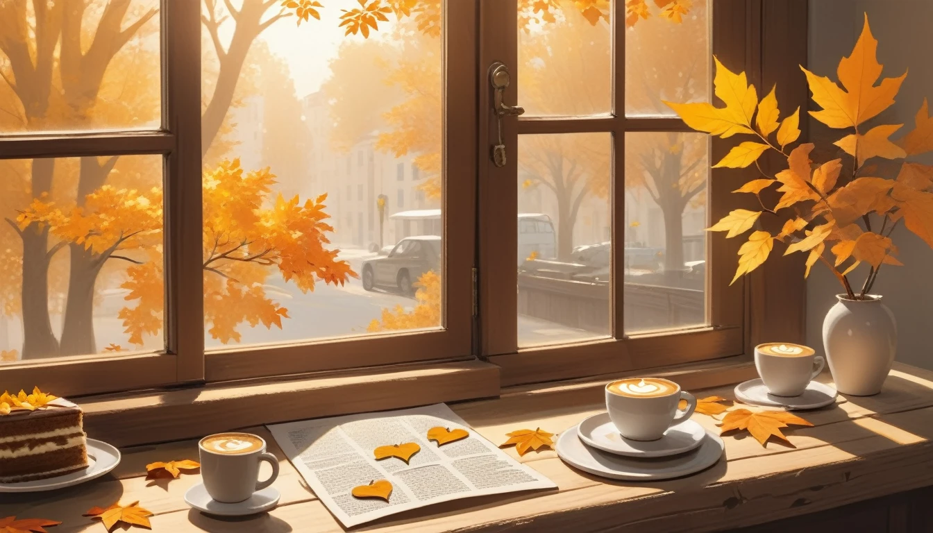 Make a picture of a cozy autumn morning scene featuring one cup of coffee with heart-shaped latte art on it, placed on a opened wooden windowsill. beside the cup, there was a piece of cake with triangle slice layered with white cream on the small plate, and surrounded by bright yellow and orange leaves falling from the nearby trees, which are visible through the window. Warm sunlight filters through the leaves, casting dappled shadows all around, enhancing the warmth of the scene. Beside it, there is an open newspaper with visible, but unreadable writing, adding to the relaxed atmosphere of a quiet morning indoors.
