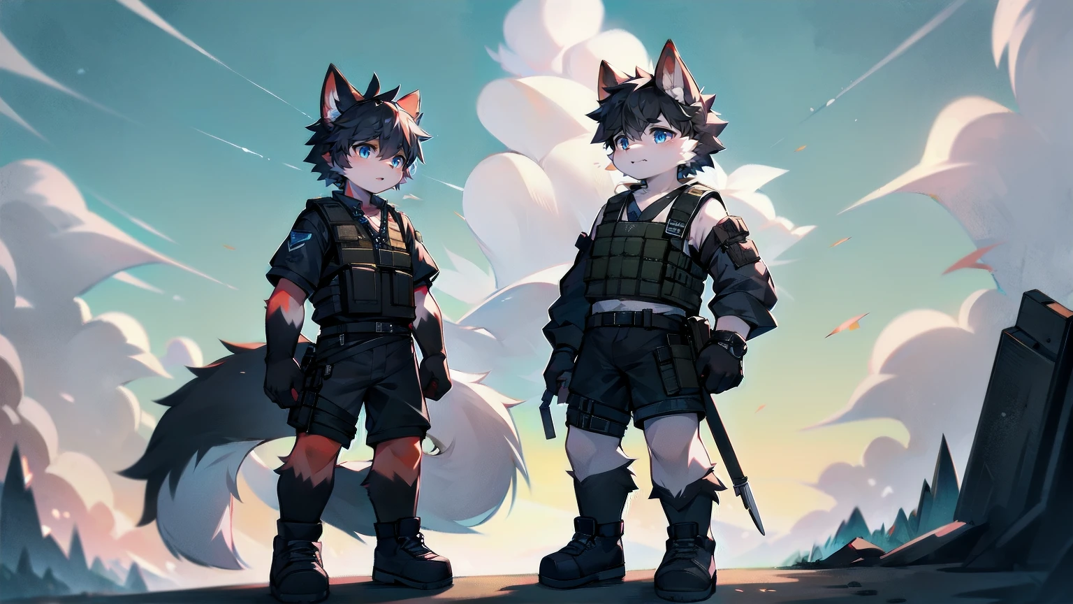 White Wolf,male,juvenile,Two people,black hair,Sky blue eyes,hairy,Hair,Wolf ears,Wolf Tail,Handsome,masterpiece,Soldier,,Black bulletproof vest,Brown tactical ammunition rack,arm,Red neck bib,Short sleeve,shorts,Half a leg exposed,paw,Red meat pads,Short knife in hand,Military daggeghting Stance,Full body portrait,Highest quality,8K,Simple background