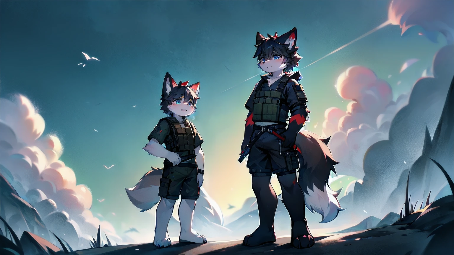 White Wolf,male,juvenile,Two people,black hair,Sky blue eyes,hairy,Hair,Wolf ears,Wolf Tail,Handsome,masterpiece,Soldier,,Black bulletproof vest,Brown tactical ammunition rack,arm,Red neck bib,Short sleeve,shorts,Half a leg exposed,paw,Red meat pads,Short knife in hand,Military daggeghting Stance,Full body portrait,Highest quality,8K,Simple background