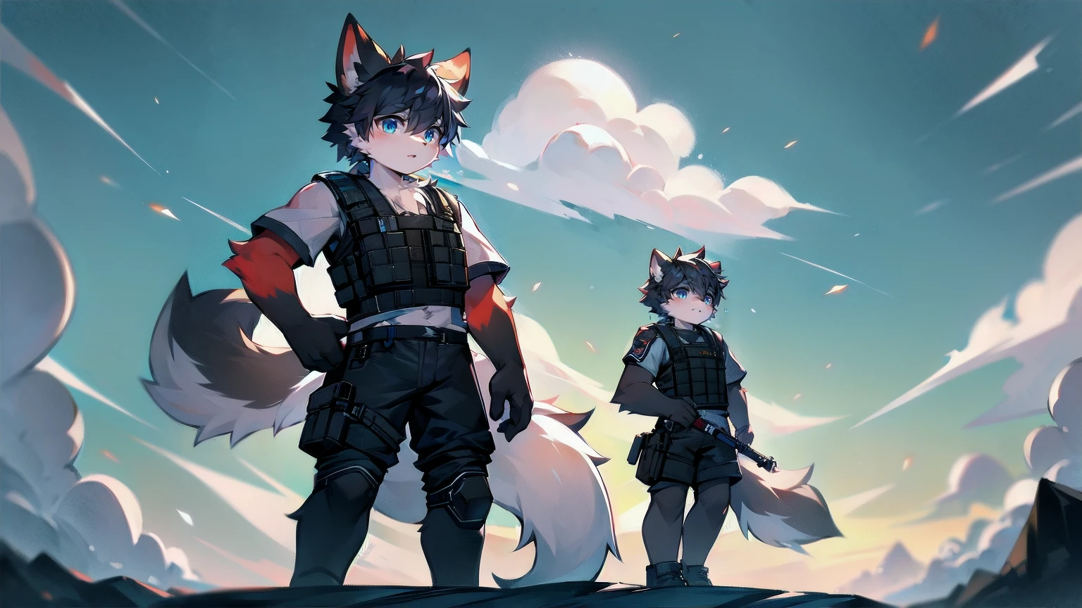 White Wolf,male,juvenile,Two people,black hair,Sky blue eyes,hairy,Hair,Wolf ears,Wolf Tail,Handsome,masterpiece,Soldier,,Black bulletproof vest,Brown tactical ammunition rack,arm,Red neck bib,Short sleeve,shorts,Half a leg exposed,paw,Red meat pads,Short knife in hand,Military daggeghting Stance,Full body portrait,Highest quality,8K,Simple background