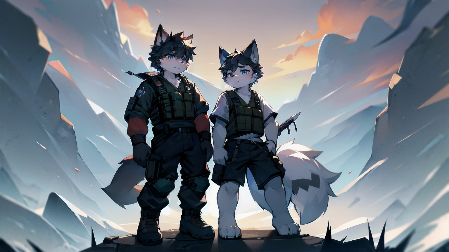 White Wolf,male,juvenile,Two people,black hair,Sky blue eyes,hairy,Hair,Wolf ears,Wolf Tail,Handsome,masterpiece,Soldier,,Black bulletproof vest,Brown tactical ammunition rack,arm,Red neck bib,Short sleeve,shorts,Half a leg exposed,paw,Red meat pads,Short knife in hand,Military daggeghting Stance,Full body portrait,Highest quality,8K,Simple background