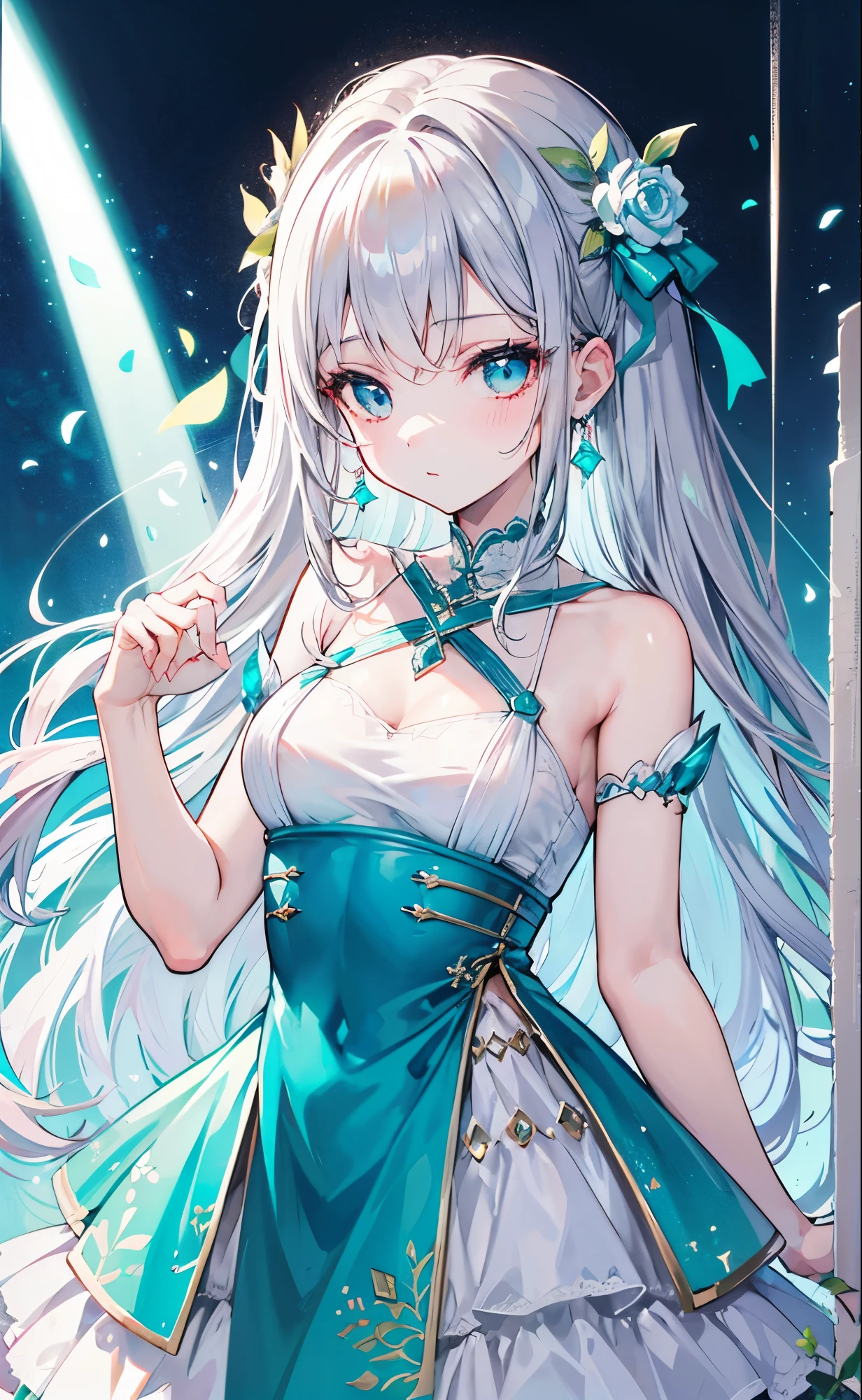 Bright milky silver and bright light green color,A very beautiful dress,Youthful Beautiful Girl,Bright light pink decoration,blue eyes,Clear and soft glossy