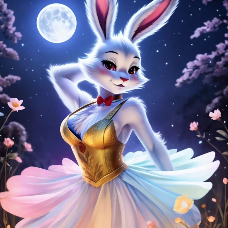 ​masterpiece: Teen Alice, No meio da floresta, barebody, breastsout, anatomical correct, Delicate and graceful, dancing, swirling around, in the moonlight, lovely gaze, with bunny ears, best qualityer, 8K, anime styling
