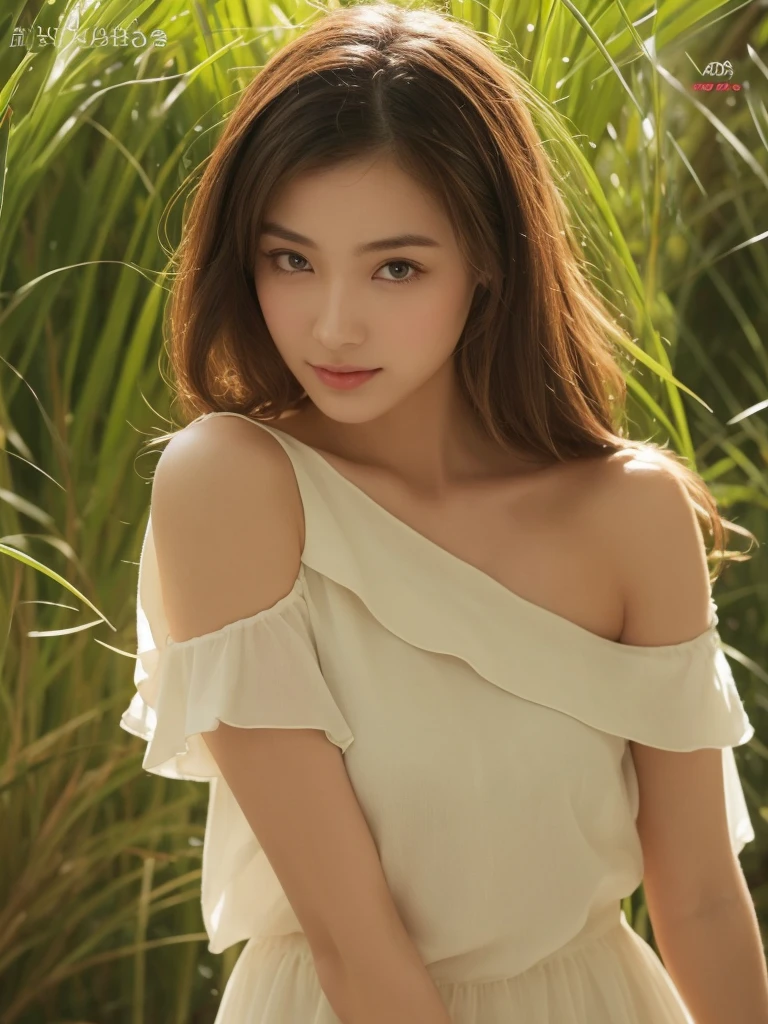 An Asian female model about 23 years old, Stand in a bright indoor studio perfect for a popular magazine cover,Simple blurred background,Wear neat and stylish off-shoulder clothing,short sleeve,very short bob,Beautiful and tall nose,Hydrating and compact lips,Have beautiful double eyelids,Fair and delicate skin,Smile,Clear and bright eyes,The picture is three-dimensional,The resolution of facial details is very high,She is beautiful, individual and confident,charming,There is only one woman in the picture,The focus is on presenting exquisite and delicate close-ups of eyes and tails.,Facing the light source,high quality,Super fine,The model's posture is relaxed and comfortable