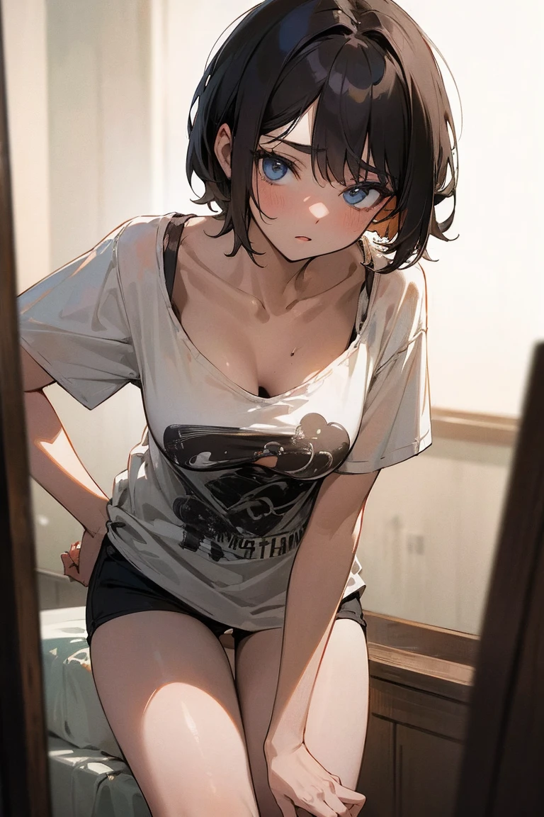 ((masterpiece)), ((best quality)), (Very detailed), Dark, Lovely , (contemptuous), (Exposing breasts), Messy short hair, Look away, White loose T-shirt, Printed shirt, (Loose clothing), vintage, ((Lean forward,)), 露出Lovely, Extended,