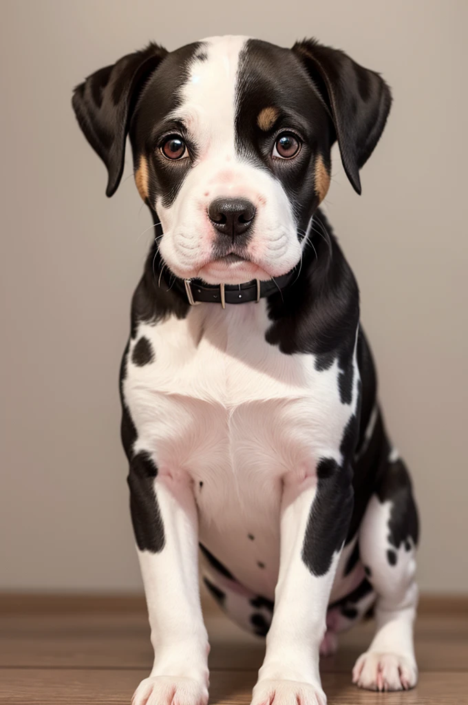 Create a picture of a female puppy, result of crossing a pitbull and a dalmatian. The puppy must have a white coat with small dots., be smiling, happy, sitting and looking at the screen.