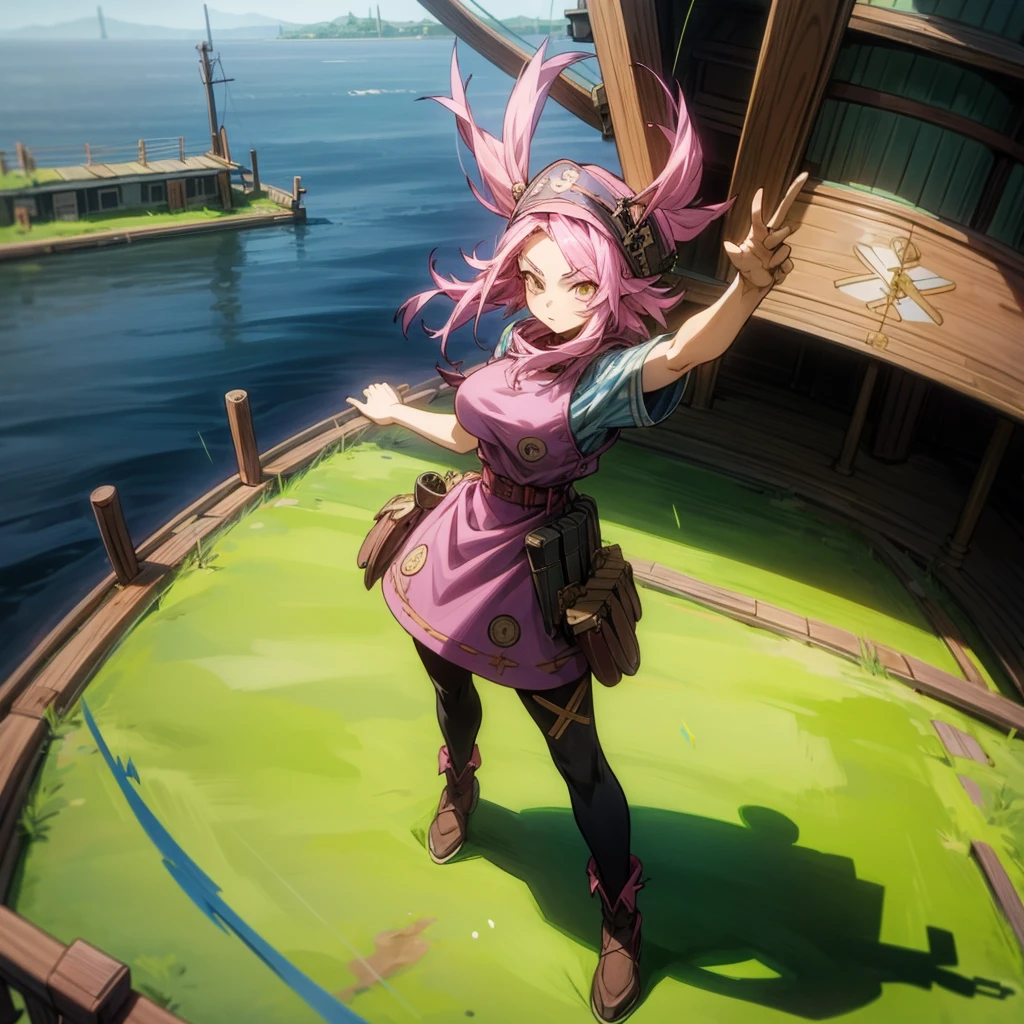 1girl, Full body version, 1character, adult girl version, gold eyes color, long haircut, pink colour hair, Farmer villager style clothing, blue colour clothing, pirate hat, knife in hand, Grassroots, background in big ship, motion blur, (Hunter x Hunter style), standing gesture, high angle view 