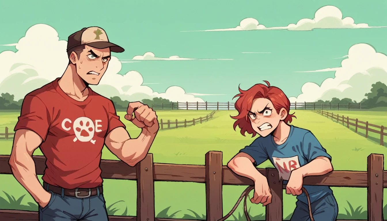 green field divided by a barbed wire fence, on one side there is a farmer with most of the land, on the other side we have protesters wearing red t-shirts with protest signs in their hands, the farmer and the protesters are angry, are against each other, face to face