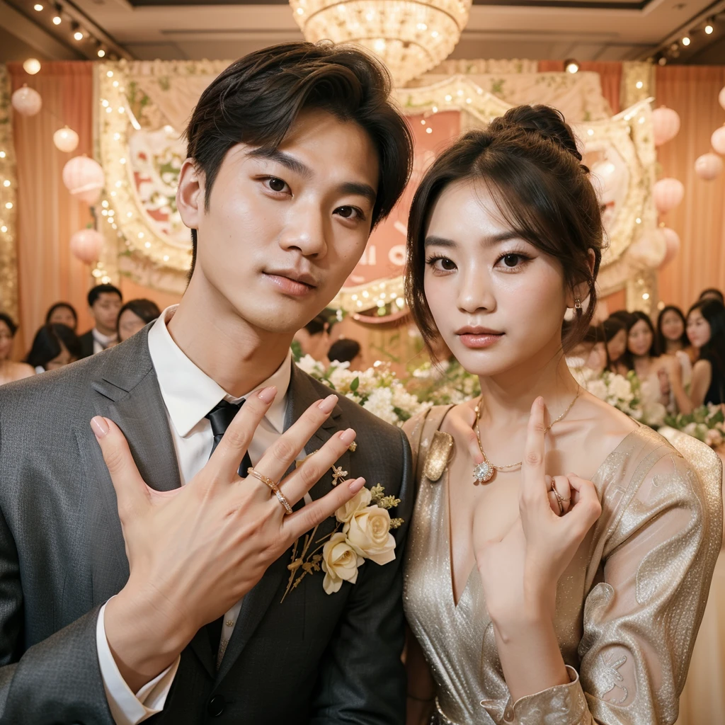 real potrait, full body, long shot, a Korean man with short hair wearing a suit, standing side by side with a woman with long hair in a bun, wear a long dress, face facing forward, they showed their fingers with their engagement rings, engagement event atmosphere, lots of festive accessories, a party room is the background