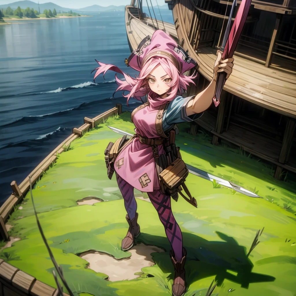 1girl, Full body version, 1character, adult girl version, gold eyes color, long haircut, pink colour hair, Farmer villager style clothing, blue colour clothing, pirate hat, knife in hand, Grassroots, background in big ship, motion blur, (Hunter x Hunter style), standing gesture, high angle view 