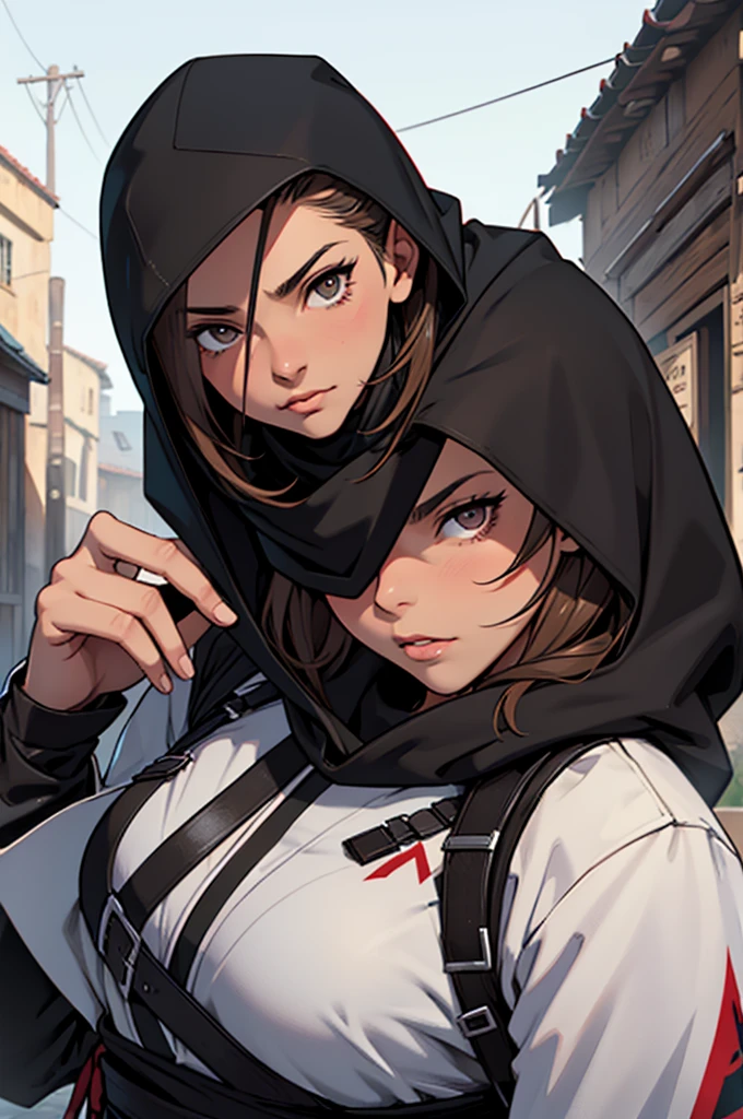 1 female, medium length brown hair with widows peak, hazel eyes, wearing all black, assassins creed shinobi with hood up, tanto