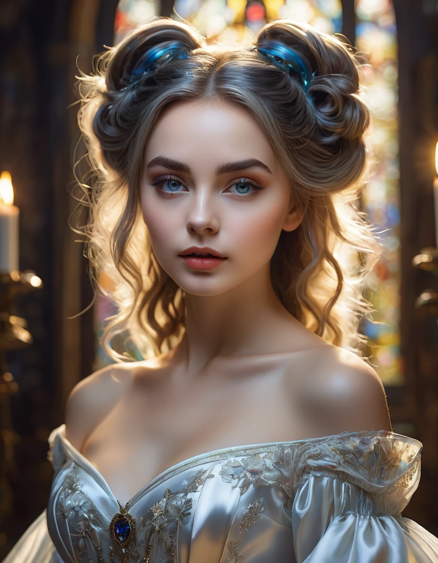 UHD RAW PHOTO, Фотореализм, кинематография, Her beautiful eyes glow , score 9,score 8 points,score 7 points,score 6 points,score 5 points,Full drawn portrait of a female figure.,yassification,beauty filter,fusion of the styles of Mike Sass and John Tenniel,against a complex background, conveying the charm of Gothic art,her iridescent hairstyle is carefully drawn, beautiful sparkling decorations,white silk dress,open shoulders,perfect lighting and composition,Oil painting,deep emotions,masterpiece with bright colors,very detailed,Best quality,ultra-realistic elaborate hairstyle,((Global Light,chiaroscuro,ray tracing): 1. 2)) Hollywood light,ray tracing,chiaroscuro,((Ultra high quality:1.5))