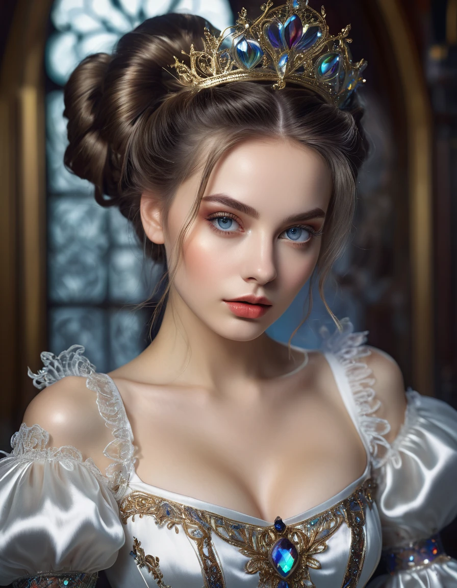 
UHD RAW PHOTO, Фотореализм, кинематография, Her beautiful eyes glow , score 9,score 8 points,score 7 points,score 6 points,score 5 points,Full drawn portrait of a female figure.,yassification,beauty filter,fusion of the styles of Mike Sass and John Tenniel,against a complex background, conveying the charm of Gothic art,her iridescent hairstyle is carefully drawn, beautiful sparkling decorations,white silk dress,open shoulders,perfect lighting and composition,Oil painting,deep emotions,masterpiece with bright colors,very detailed,Best quality,ultra-realistic elaborate hairstyle,((Global Light,chiaroscuro,ray tracing): 1. 2)) Hollywood light,ray tracing,chiaroscuro,((Ultra high quality:1.5))