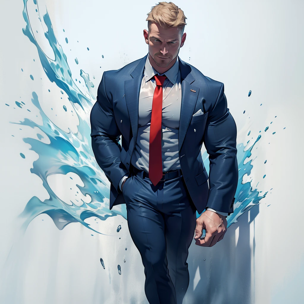 1 man, male focus solo, middle aged man,Stephen AMELL as private investigator, lean muscle,very light blue shirt, marine blue businessman suit ,( red tie) ,( big bulge), full body shot, dark blond short hair, well groomed facial hair, holding a gun with one hand, , ultra high quality, masterpiece, (clear intense splashed blue and white paint in the blackground)