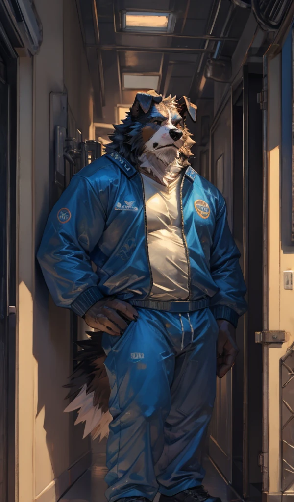 By Taran Fiddler, one man, anthro canine (Bearded Collie breed), adult male, elderly, slightly wrinkled face, bushy eyebrows, stern facial expression, grumpy, bushy mustache, mustache covering mouth, slightly short height, dilf, hands on his hips. standing in a hallway, wearing plain blue track suit, leaning against wall, oil rig, inside