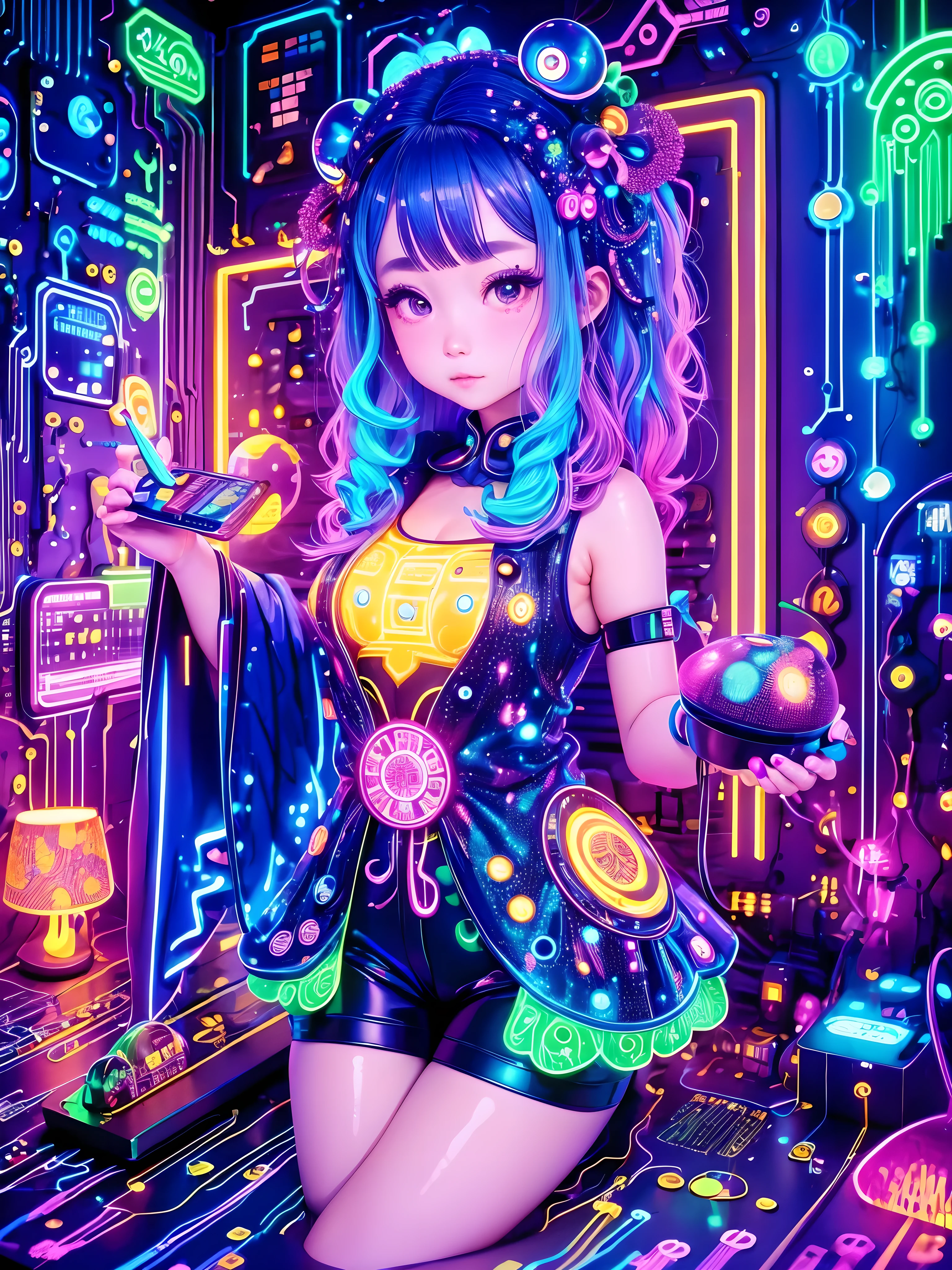 (neon lamp),Circuit board,colorful nipples,luminescent colors,lamp,girl,looking to the camera,slime girl,Flowy sleeveless shorts,To the wall,big round eyes,charming,(ultra high definition, Masterpiece, necessary, anatomically correct, textured skin, high detail, high quality, The award-winning, 8k)