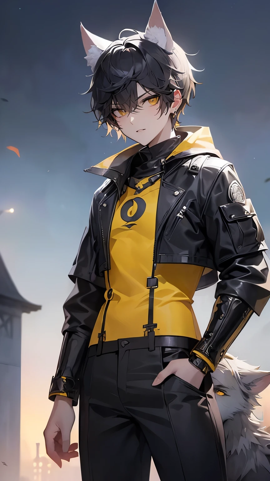 (Top quality)、((Dreamy late night background))、((Adult brother))、((Werewolf))、((Wolf ears))、((Long sleeves and long pants style))、((Black short hair))、((Yellow eyes))