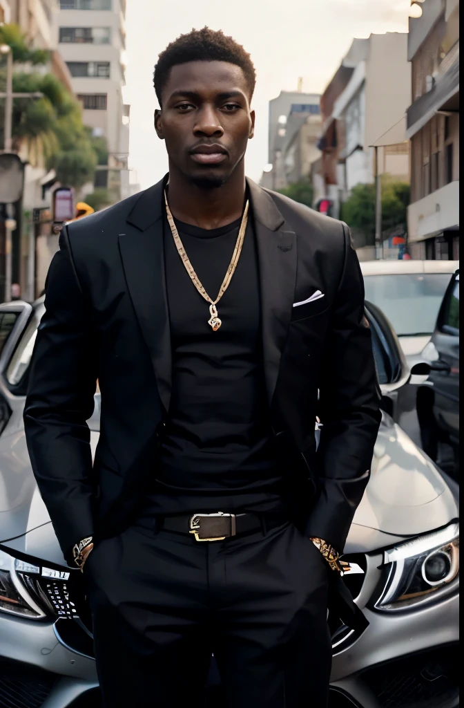 Create a realistic depiction of a 25 year old tall, handsome African bad boy dressed in modern-day clothes. He should be standing beside a Mercedes."