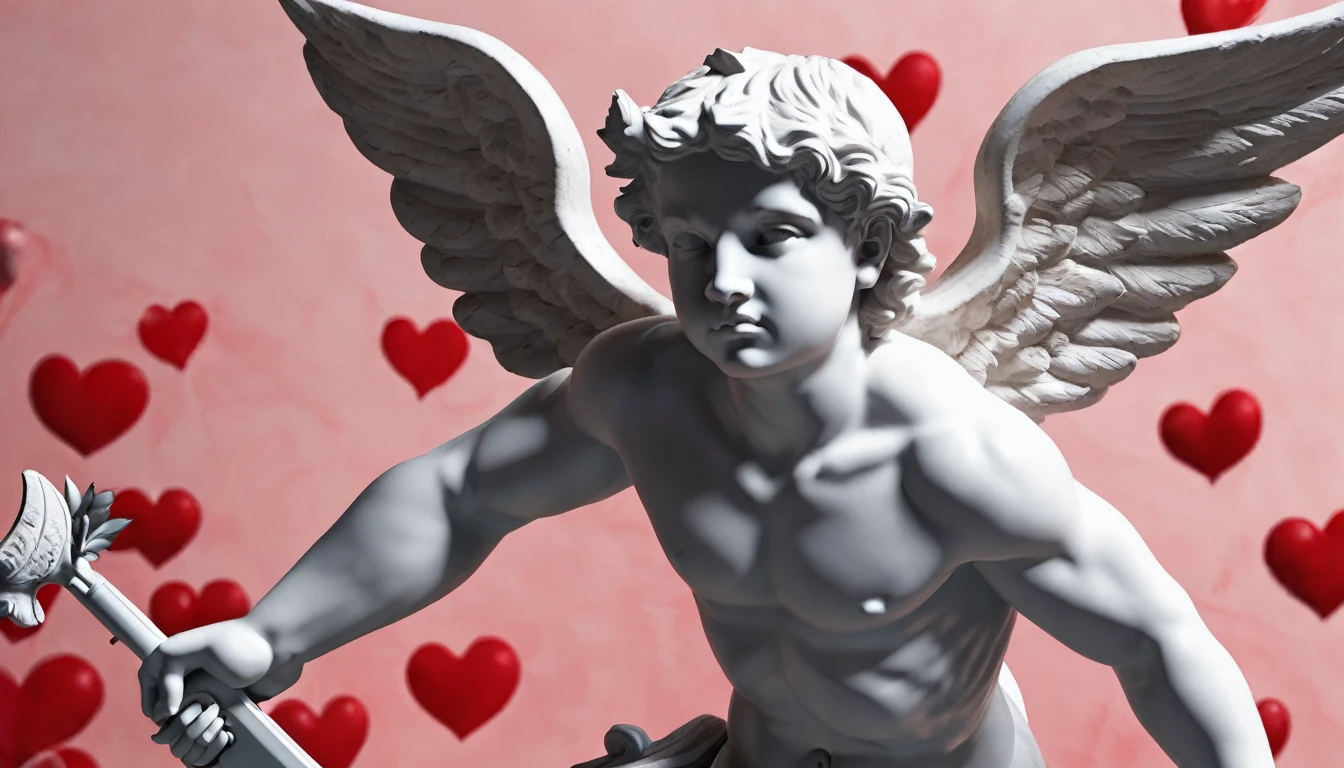 Cupid made of marble aiming to the right with a red ak47 and a Nike symbol in the background