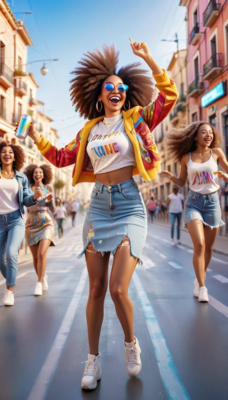 Adult women with straight hair, AFRO, spain, dressed in urban clothes, In an urban landscape and holographic signs、DANCING HAPPY. HANDS RAISED on the road. are drinking and laughing, The background is modern, high tech vibe. Lovely Digital Painting, 3D rendering, Bright lighting, swirly vibrant colors. adult people, pessoas bonitas, long  hair