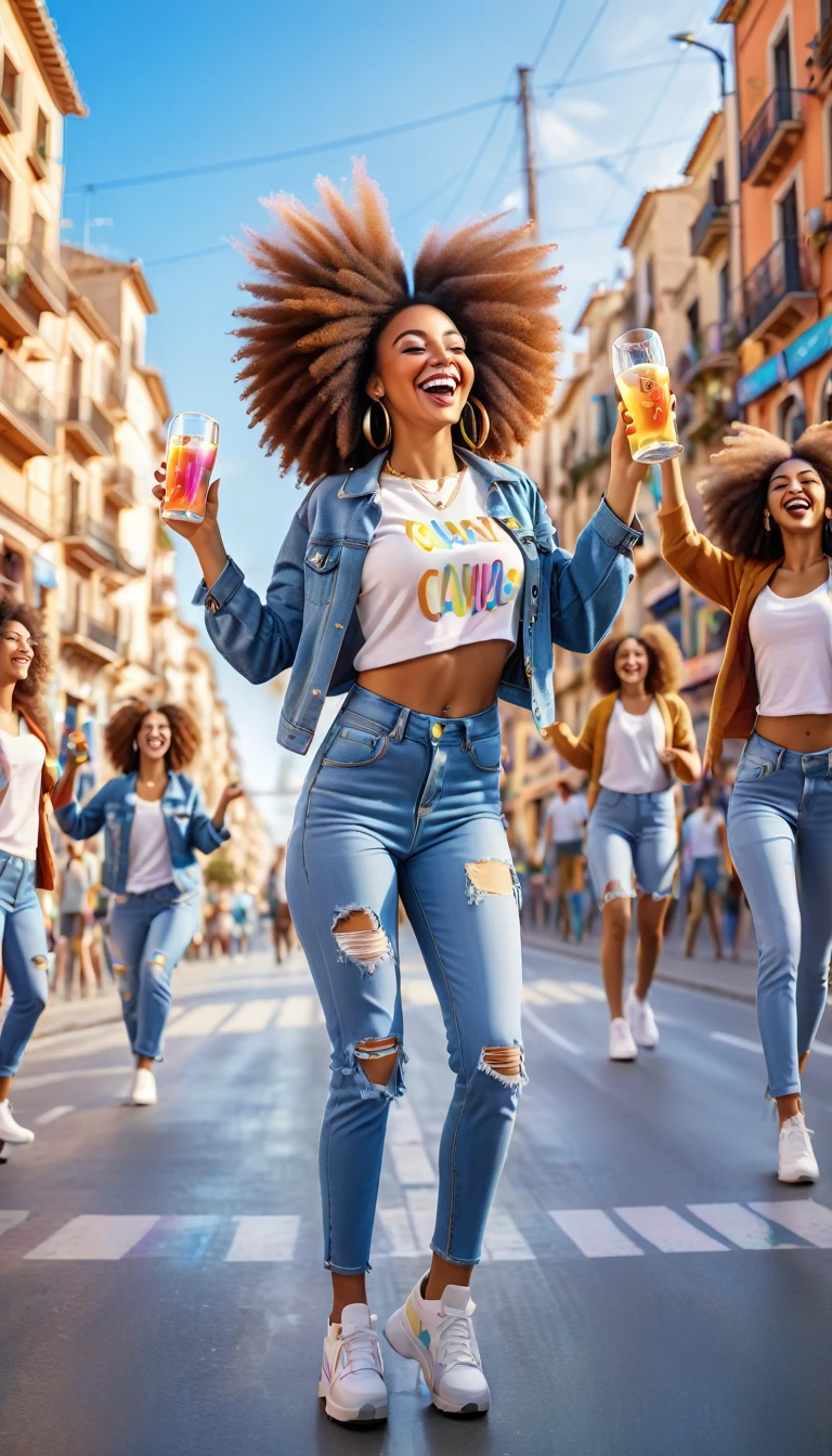 Adult women with straight hair, AFRO, spain, dressed in urban clothes, In an urban landscape and holographic signs、DANCING HAPPY. HANDS RAISED on the road. are drinking and laughing, The background is modern, high tech vibe. Lovely Digital Painting, 3D rendering, Bright lighting, swirly vibrant colors. adult people, pessoas bonitas, long hair